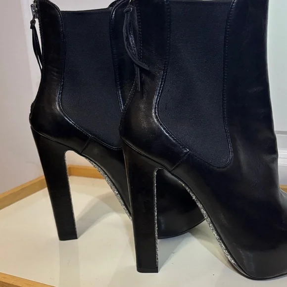 Miu Miu Black Leather Platform Ankle Boots with Glitter Block Heel - Picture 7 of 15